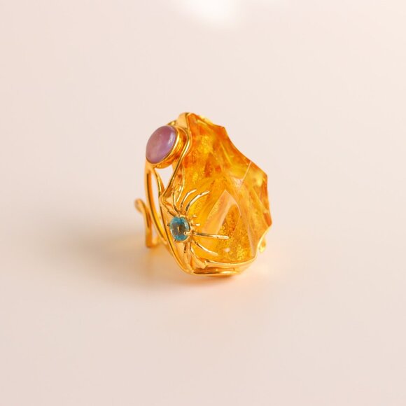 Baltic Amber 14k Gold Plated Spider Cocktail Ring - Picture 1 of 9